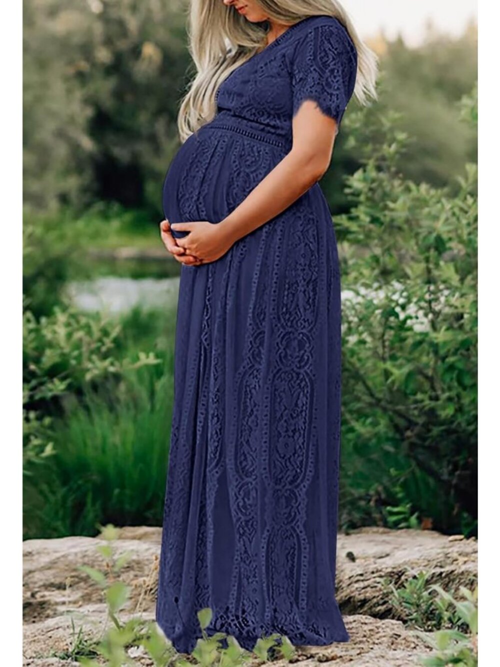Floral Lace V Neck Short Sleeve A-Line Maxi Dress | Boho Wedding & Bridesmaid - Picture 5 of 8